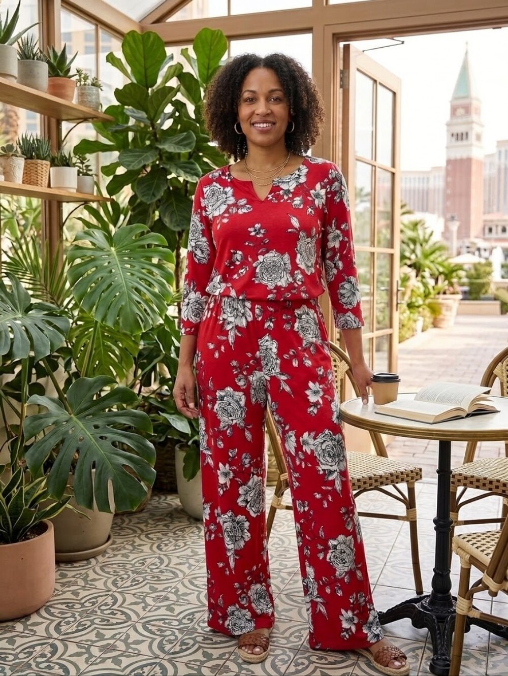New IMAN 2 Piece Red Floral Tunic /wide Leg Pants Size L Long.